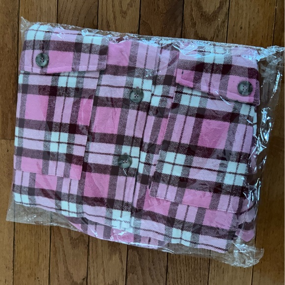 GOOD AMERICAN Pink Plaid cropped button down shirt M NWOT - Picture 9 of 9